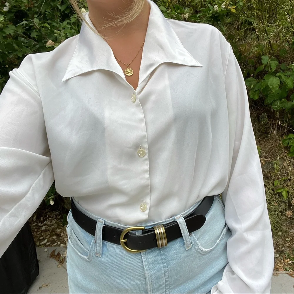 Vintage Silky White Button Up Blouse - Picture 3 of 5